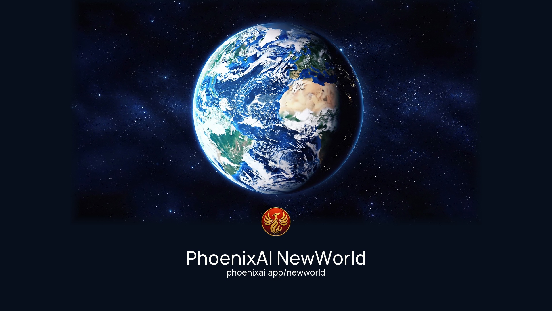PhoenixAI NewWorld. Intelligence, connected. Earth and the official red and gold phoenix mark.